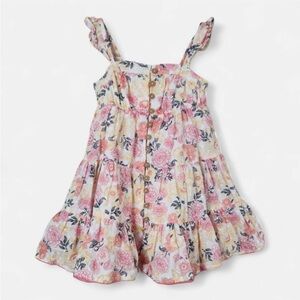 Shabby Chic 3T Cotton Floral Tiered Sun Dress Cottage Cream Pink with buttons